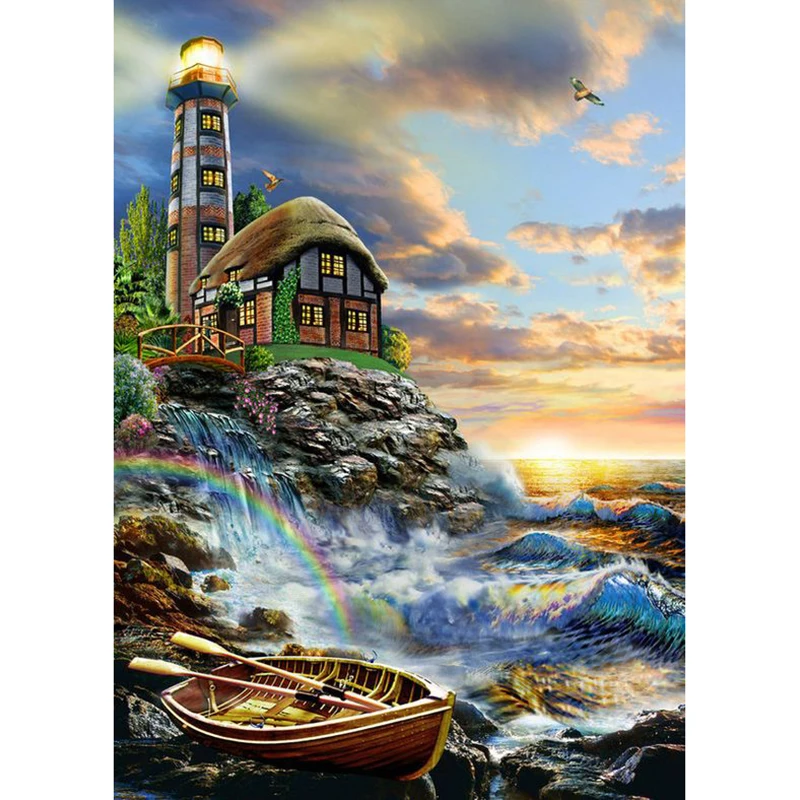 

5D DIY Diamond Painting "Rainbow Seawave Lighthouse" Full Diamond Embroidery Diamond Mosaic Picture Accessories Decor Gift GT