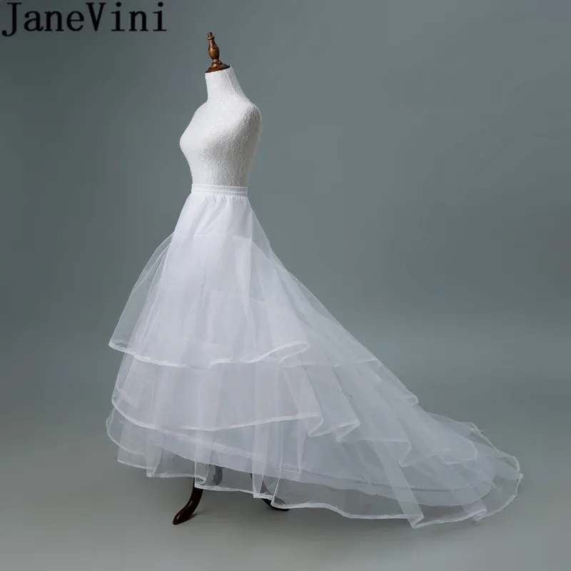 JaneVini 2018 New White Tulle Net Petticoat 3 Hoops A Line Crinoline With Sweep Train Underskirt Petticoats Wedding Accessories