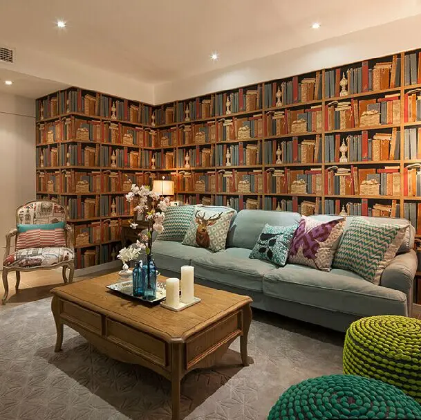 Vintage American 3d bookshelf bookcase wallpaper rolls for study room