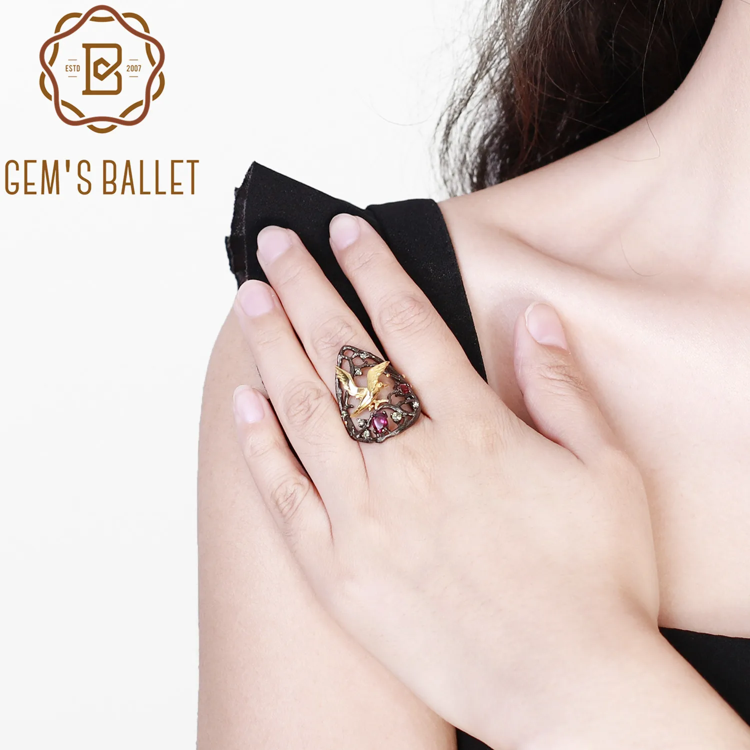 

GEM'S BALLET 0.85Ct Natural Rhodolite Garnet Bird Tree Pear Rings 925 Sterling Silver Handmade Ring for Women Gemstones Jewelry