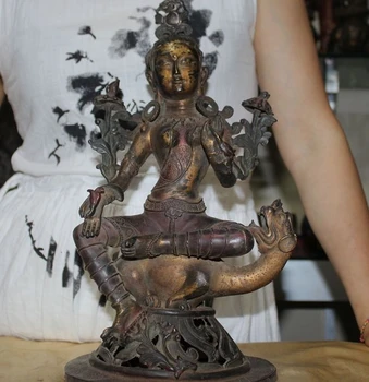 

Old Tibet Buddhism Gilt Bronze Green Tara Goddess Beast Kwan-yin Buddha Statue A