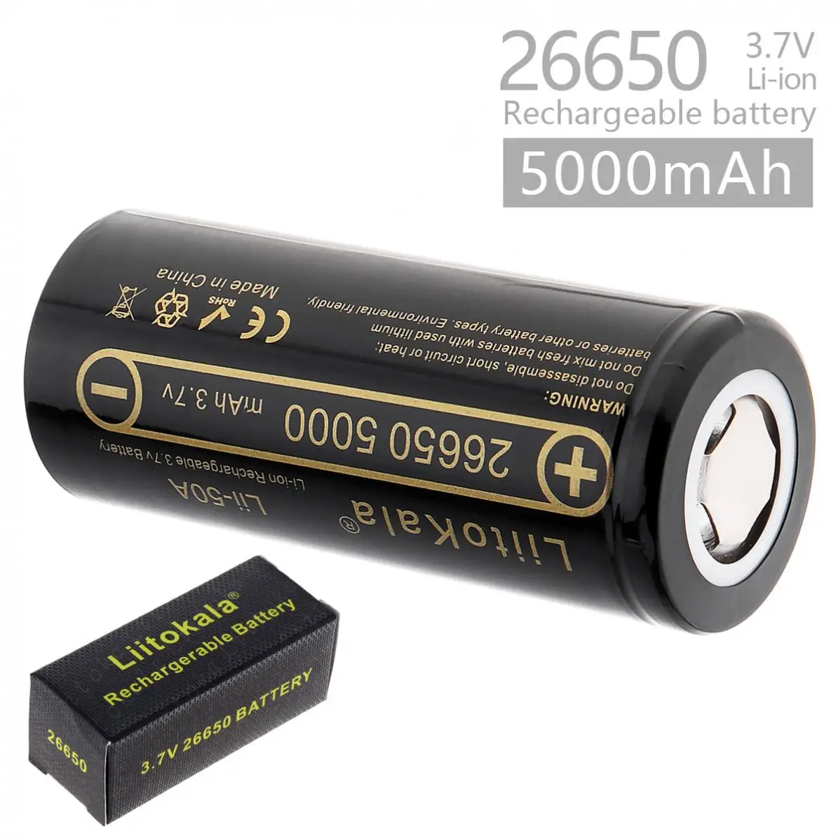 3,7 V 26650 5000mAh литий-ионная аккумуляторная батарея с 20A током разряда для светодиодный фонарик/фара/электронная сигарета