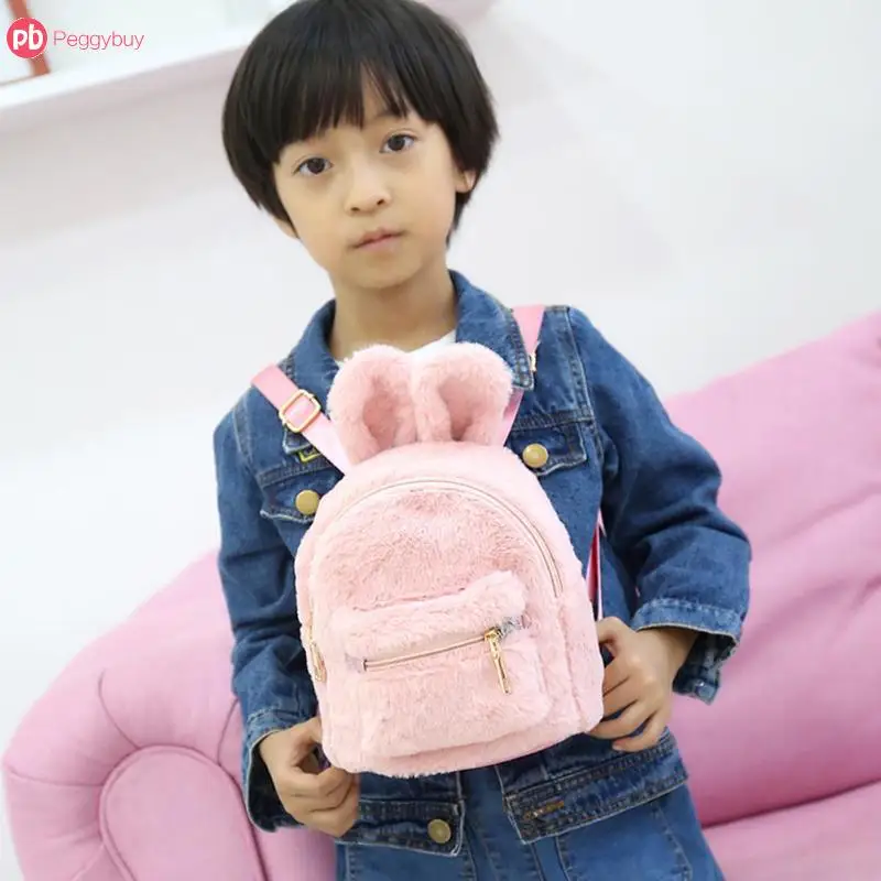 

Faux Fur Mini Rabbit Ears Kids Backpacks Girls Children School Kindergarten Shoulder Mini Backpacks Plush Bunny Ears Backpack