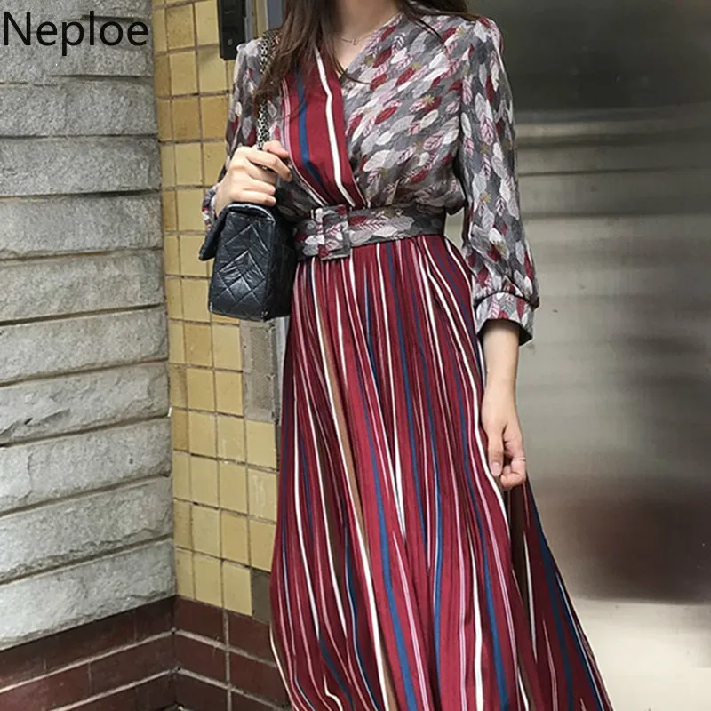 

Neploe Women Korean Autumn Long Dress Sexy V-neck Chiffon Vestidos with Belt Vintage Elegant Striped Patchwork Pleated Dresses