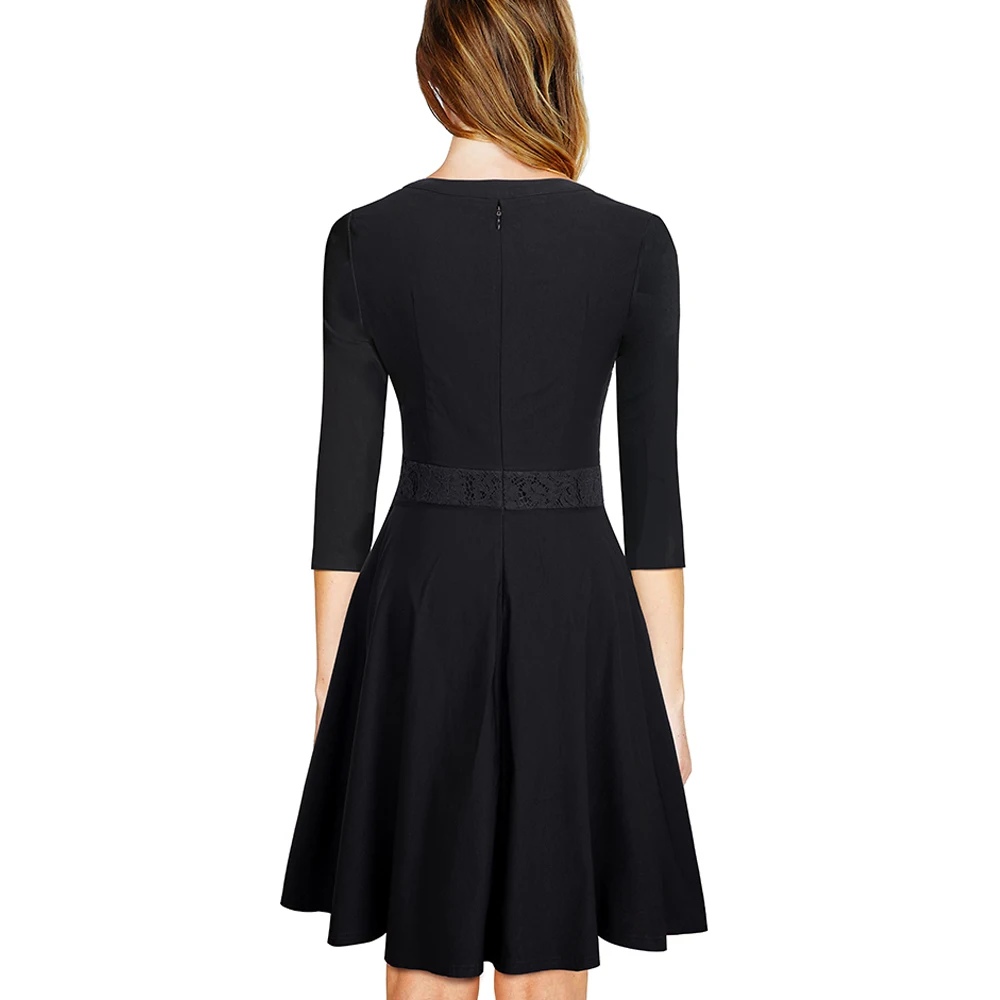 Хорошее-forever винтажное однотонное черное цветочное кружевное лоскутное элегантное платье с рукавом 3/4 А-силуэта Pinup деловое женское расклешенное платье A056