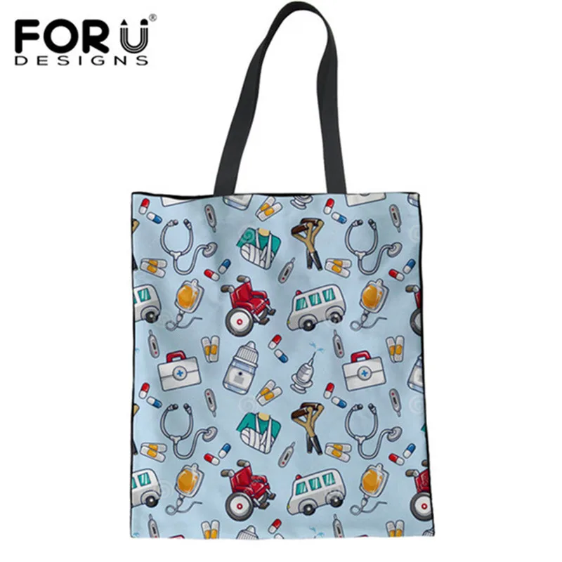 

FORUDESIGNS Canvas Totes Shopping Bags for Women Cute Cartoon Nurse Doctor Printing Casual Tote Bag Reusable Folding Handbags