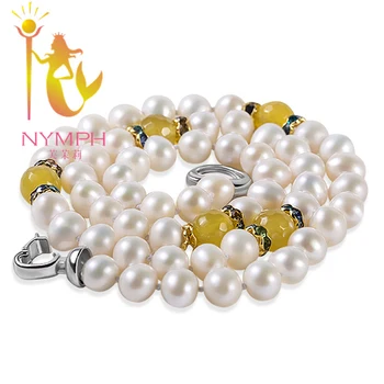 

NYMPH Pearl Jewelry Natural Freshwater Pearl Necklace Leather Choker 7-8mm Near Round Necklace Trendy With Chalcedony XL1010