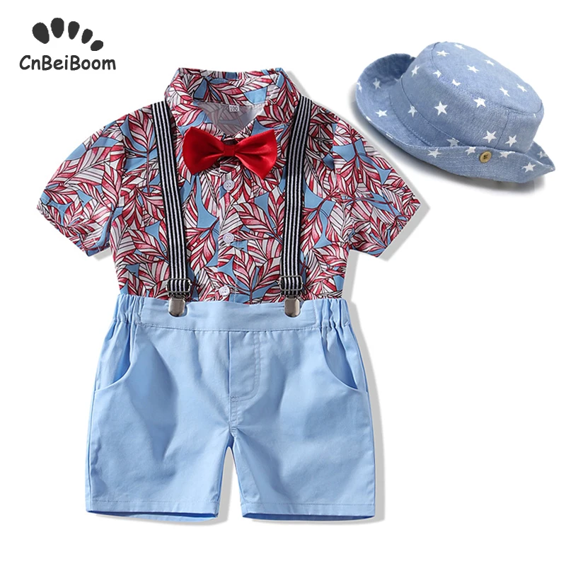 

2019 Summer Baby Boy Set Gentleman Dress flower Bow Short-Sleeve shirt blue Shorts 4 Piece suit New Arrived beach clothes sets