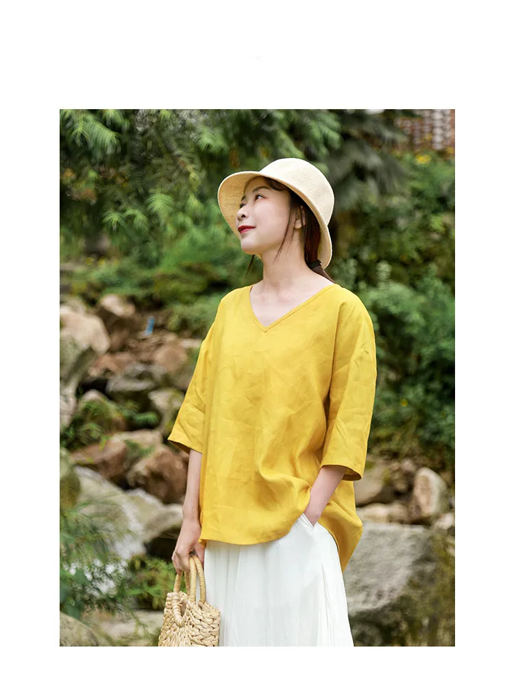 LZJN Women Tops and Blouses 2019 Summer V Neck Short Sleeve Linen Shirt Casual Loose Work Blouse RetroTop Plus Size Blusas (31)