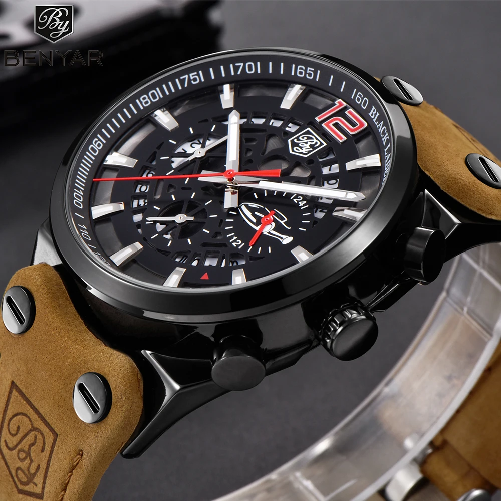 

BENYAR Brand Fashion Watch Men Casual Sport Military Watches Leather Watchband Men's Quartz Chronograph Watch relogio masculino