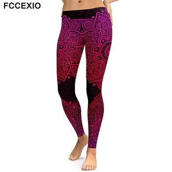 FCCEXIO New Women Leggings Red Mandala Flower Printed Woman Leggins Aztec Round Ombre Fitness High Waist Trouser Women Pants from aztec to high tech