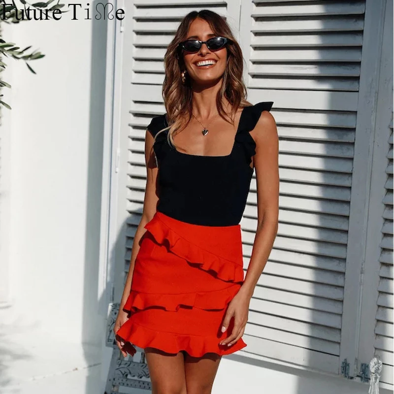 

Future Time High Waist Sexy Mini Skirt Women 2019 New Style Vintage Ruffles skirts A-Line Solid Red/Black/Pink Short Skirt Lady