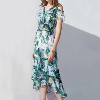 

HAMALIEL Runway Women Holiday Dress Summer Green Print Hydrangea Chiffon Off Shoulder Dresses Vintage Ruffles V Neck Sundress