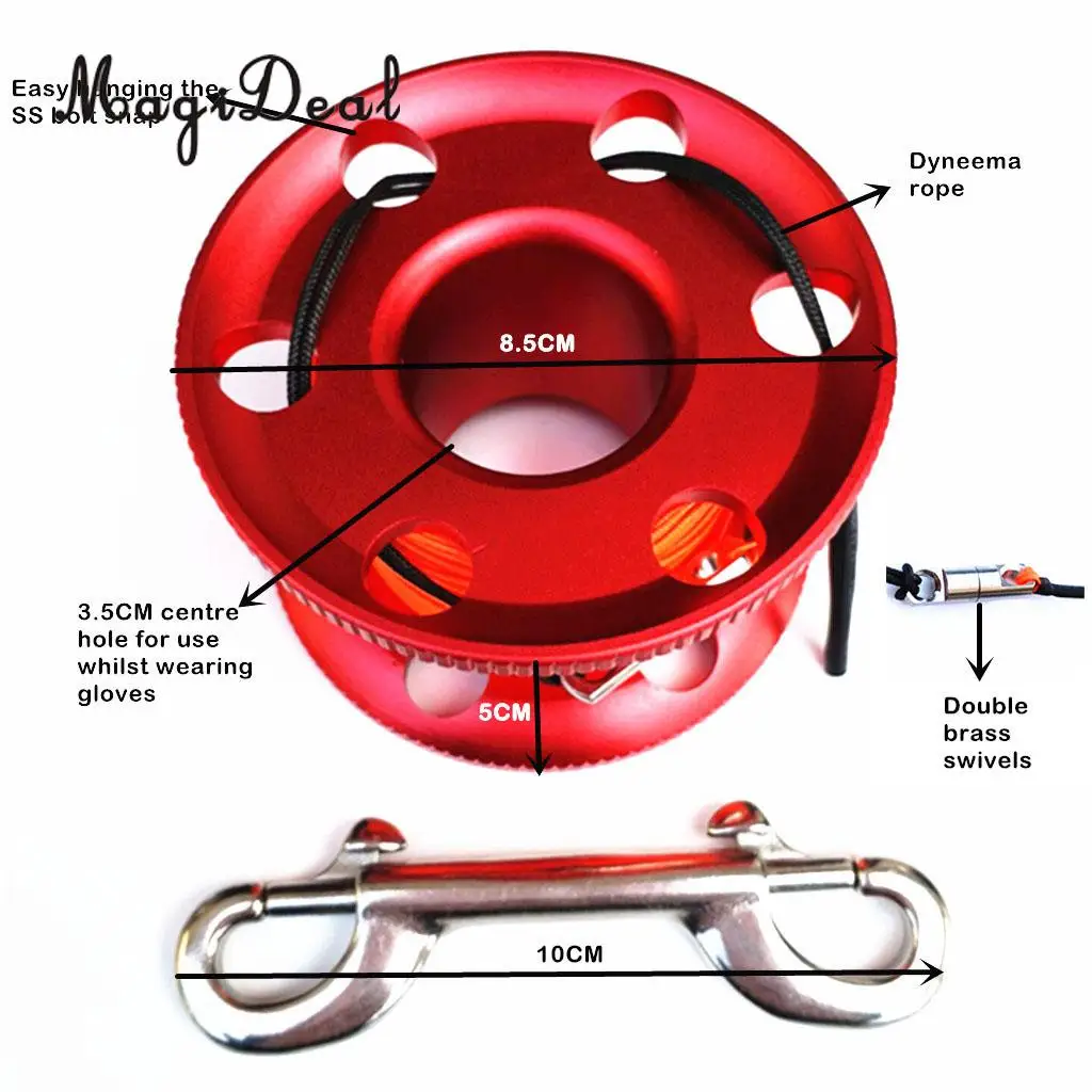 MagiDeal Ultralight Aluminum Alloy Scuba Diving Diver Finger Reel Wreck Cave Tech Spool, Dual End Bolt Snap Clip & 20m/50m Line