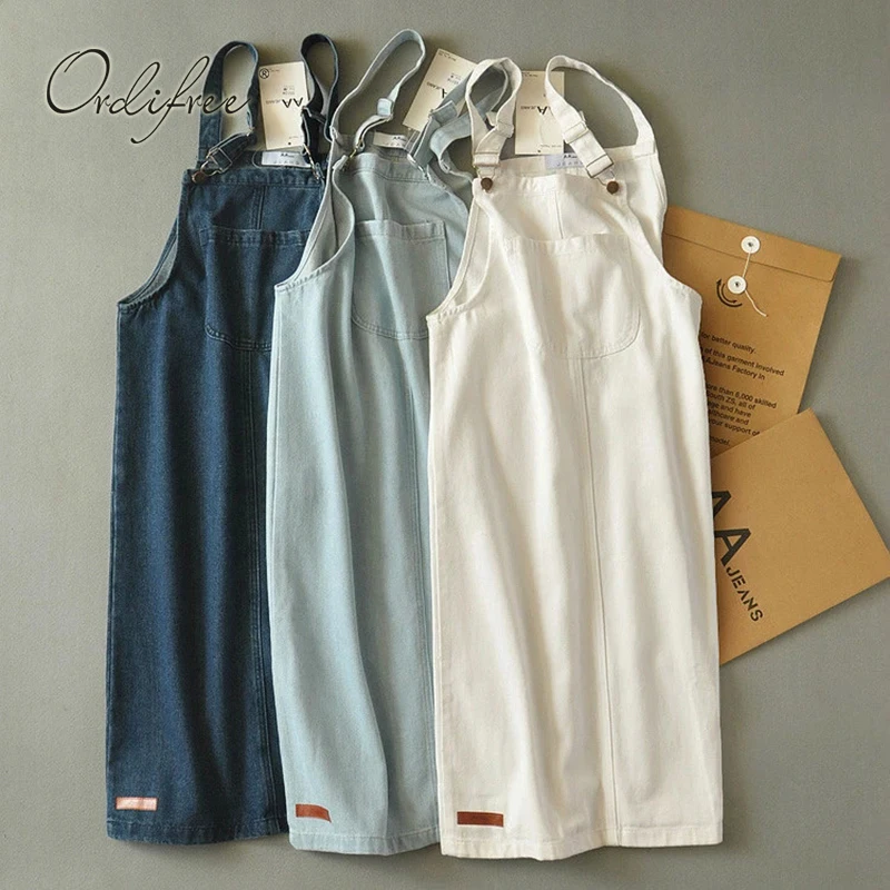 

Ordifree 2019 Summer Autumn Women Denim Dress Sundress Casual Jeans Dress Overalls Strap Cotton White Female Denim Dress