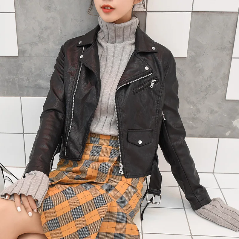 

Women's Short PU Leather Jacket Long Sleeve Turn-down Collar with Belt Autumn Korean Locomotive Women's Jacket S-XL New Arrival