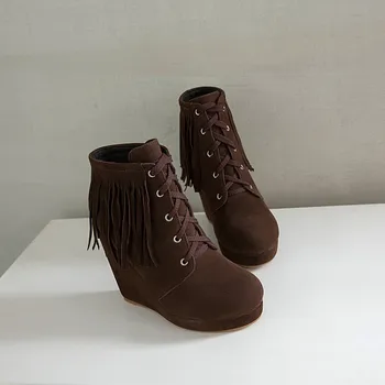 

Big Size 9 10 14 boots women shoes ankle boots for women ladies boots Tassel front lacing wedge