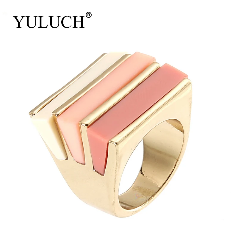 YULUCH 21mm Resin Stone wholesale Party/Wedding Rings for Women/Girls Gold Metal Cocktail High Quanlity Romantic Pink/ Rose Ring
