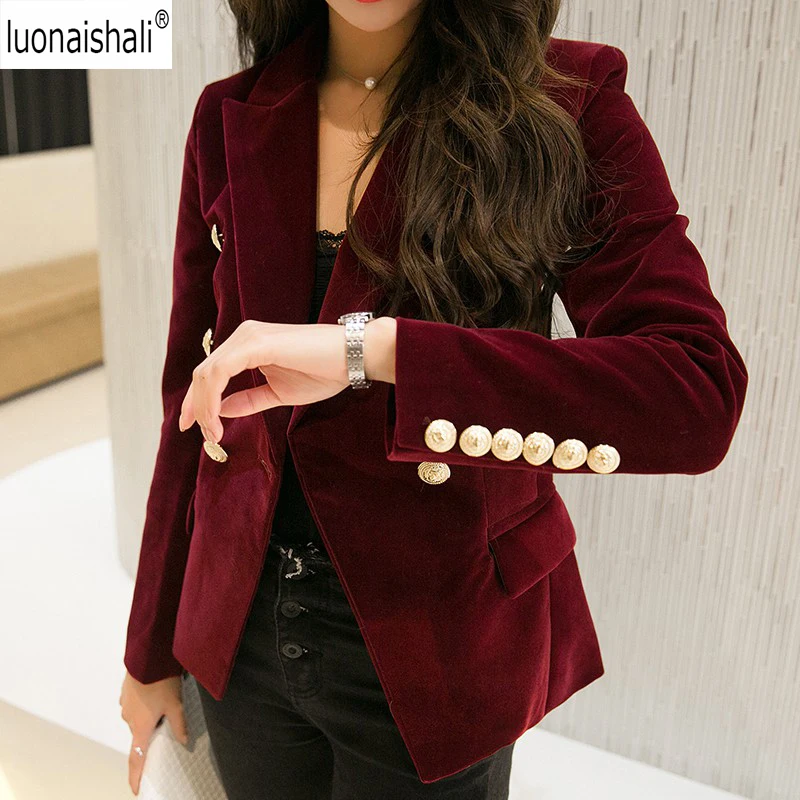 

High Qualiy Velour Velvet Blazer Double Breasted Velour Top Notched Blazer Mujer 2018 Short Slim Mujeres Blazers chaquetas