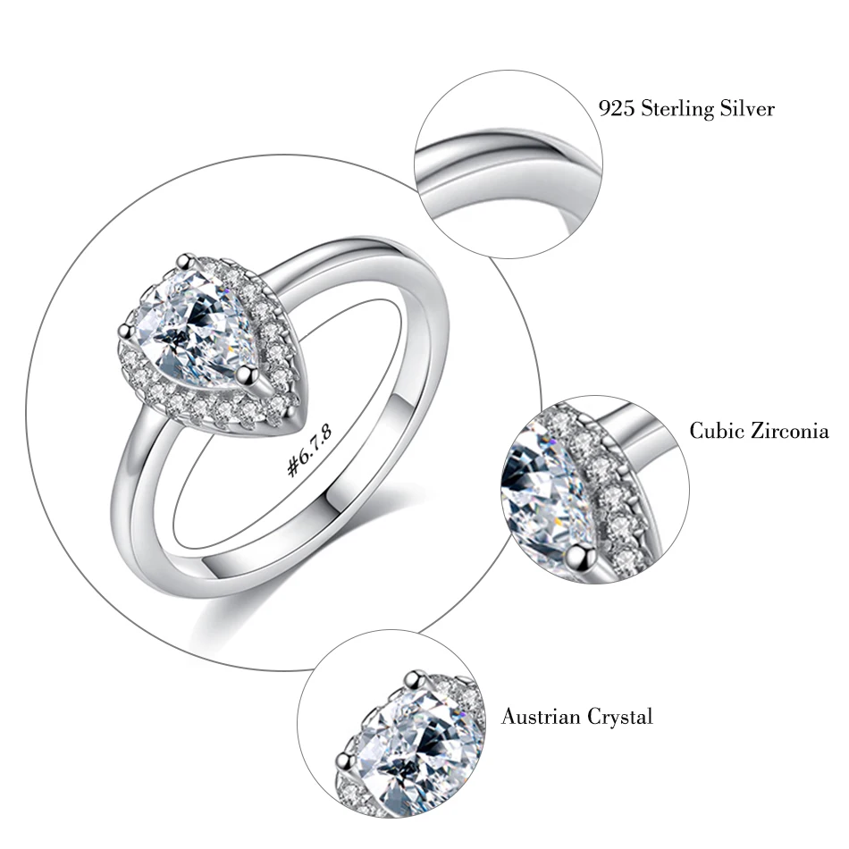 ELESHE 2018 New Fashion Radiant Teardrop Rings Finger with Clear CZ 100% Authentic 925 Sterling-Silver-Jewelry for Women Gift