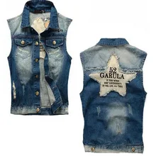 Vintage chaleco vaquero Hombre sin mangas rasgado Jeans chaqueta masculina deshilachado vaquero chaleco Tank Tops estrella parches diseños chaleco