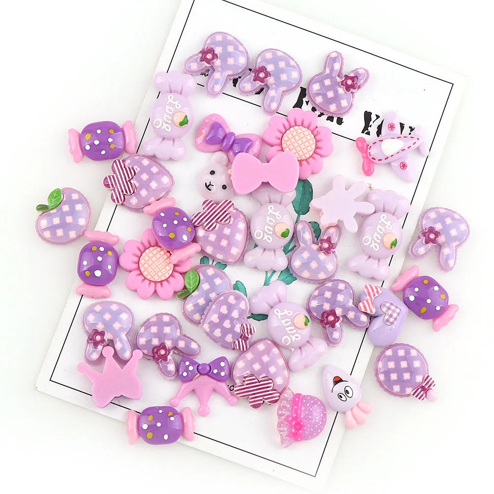 

30PCS purple/violet mixed flower/animal pattern flatback Resin Cabochons Embellishments Scrapbook Craft DIY 20-25mm