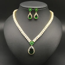 2017 new fashion popular green zircon water drop golden necklace earring set,wedding bride party banquet formal dressing jewelry
