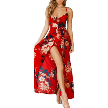 

Red Floral Print Sexy Lace Up V Neck Women Maxi Dresses Vogue Split Backless Beach Long Vestidos Spaghetti Strap Boho Dress XXL