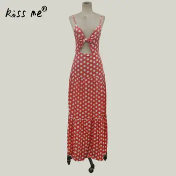 

Dot Print Beach Dress Deep V-Neck Bow Front Boho Dress Bikini Cover Up Beach Summer Red Maxi Dress Women Hollow Maxi Dress