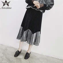 Amzline Womens Skirts Pleated Jupe Femme Long Warm Winter High Waist Velvet Skirts For Women Female Elastic Waist Skirts Retro
