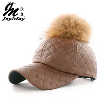 

JOYMAY winter PU Leather Baseball Cap with Pom Pom Biker Trucker snapback Hats For Men women WM044