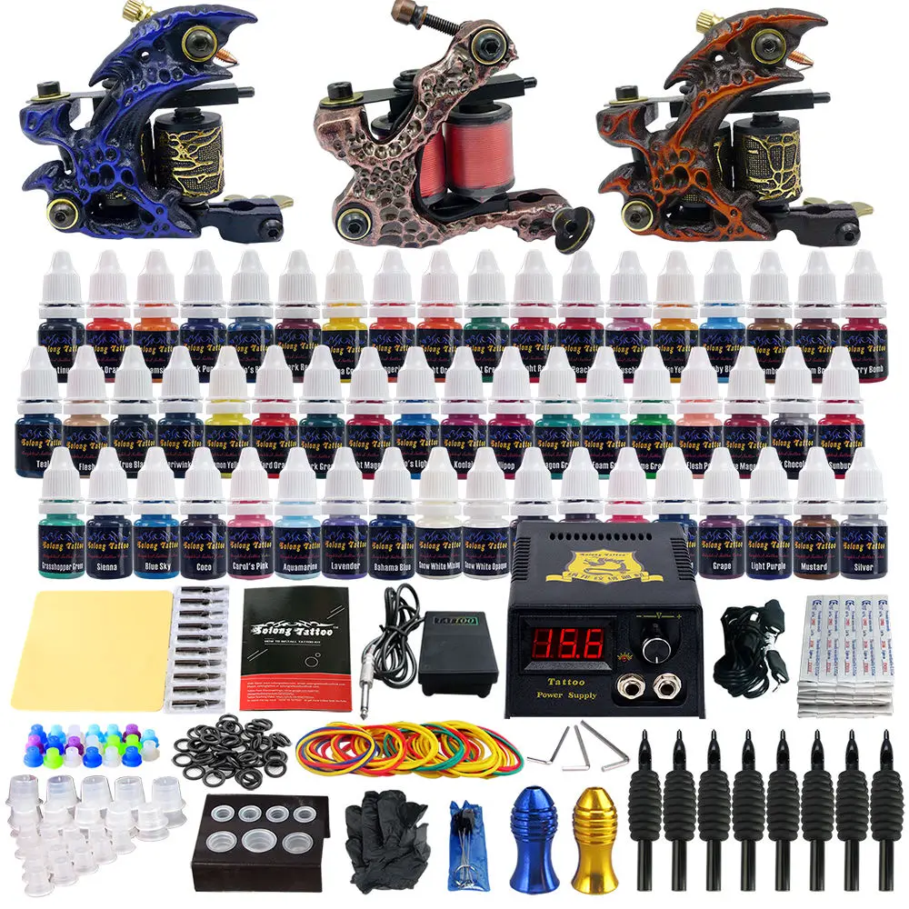 

High Quality Tattoo Kits Top Artist Complete Set 3 Tattoo Machine Gun Lining And Shading Tattoo Inks Power Needles Tattoo Supply