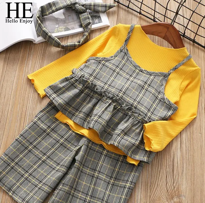 HE Hello Enjoy/Детские комплекты одежды для малышей, осенне-зимний костюм вязаные топы в клетку с тонкими лямками для девочек+ свободные штаны комплект из 3 предметов - Цвет: yellow