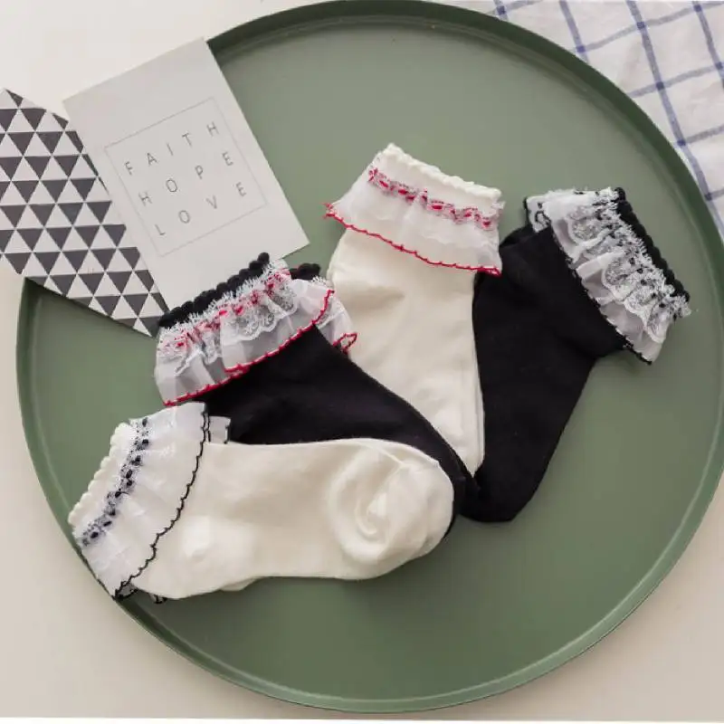 

Japanese Women Lolita Lace Socks White Black Short Socks Cosplay Students Stockings Cotton Socks