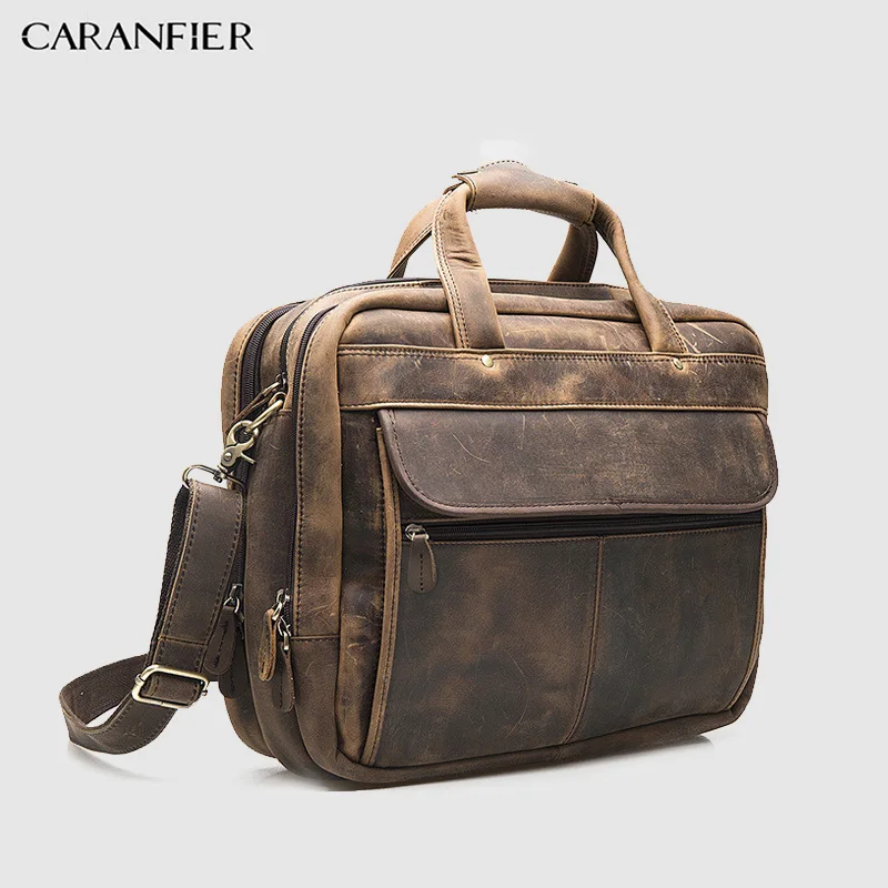 Мужской портфель CARANFIER деловой из воловьей кожи 16 дюймов на молнии для