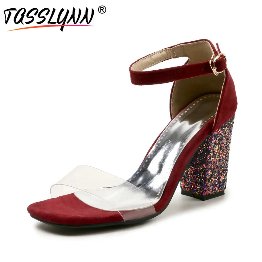 

TASSLYNN 2019 Women Sandals Mature Square High Heels Buckle Strap Shoes Fashion Bling Party Wedding Women Shoes Size 34-43