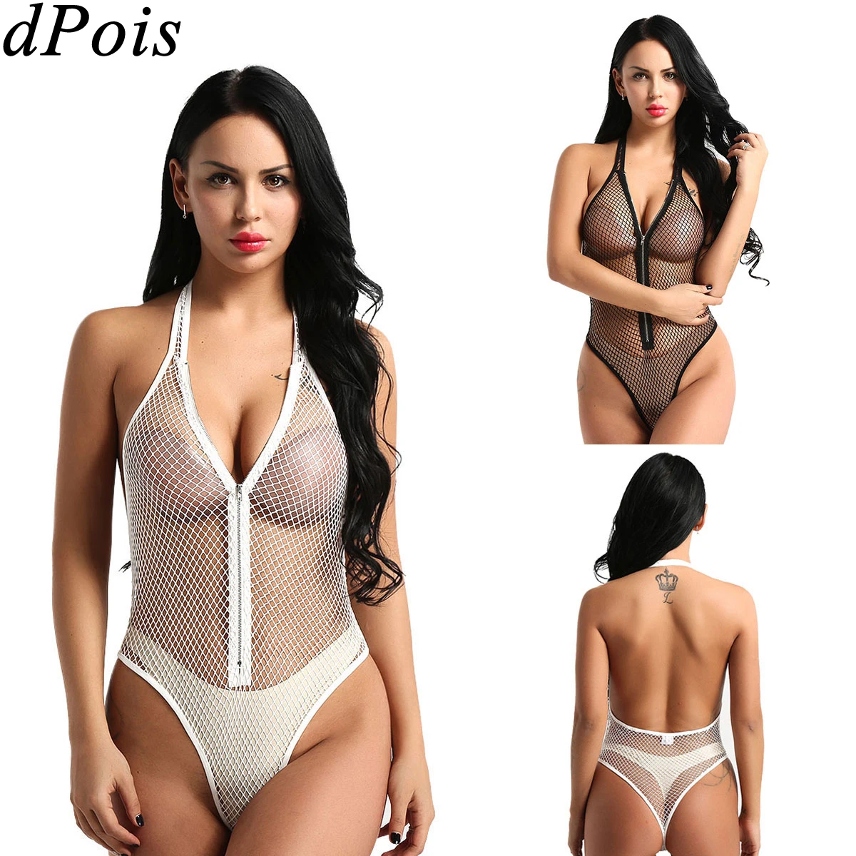 2020 Hot Sexy Zipper Bodysuit Thong Swimwear Women Lingerie One Piece Halter Neck Zip Up See