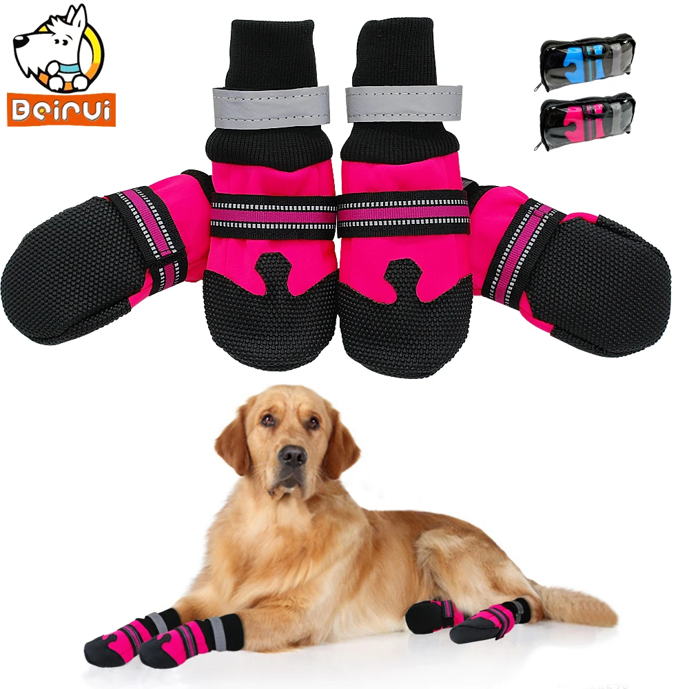 baratas 4 pcs Não Deslizamento Sapatos Cão Botas de Chuva Desgaste À Prova D Água Reflexiva Protetor Ao Ar Livre Meia Pata para Cães de Médio e Grande subiu Azul