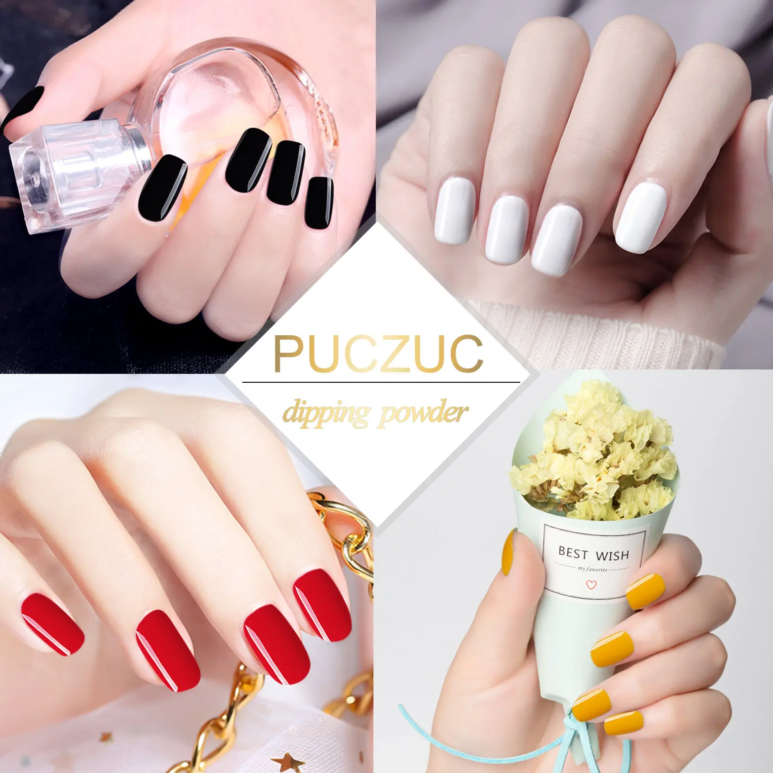 PUCZUC 1 OZ Full Set Dipping Powder Base Top Coat Kits DIY Dip Nail Powder Manicure Set Brush Saver Powder