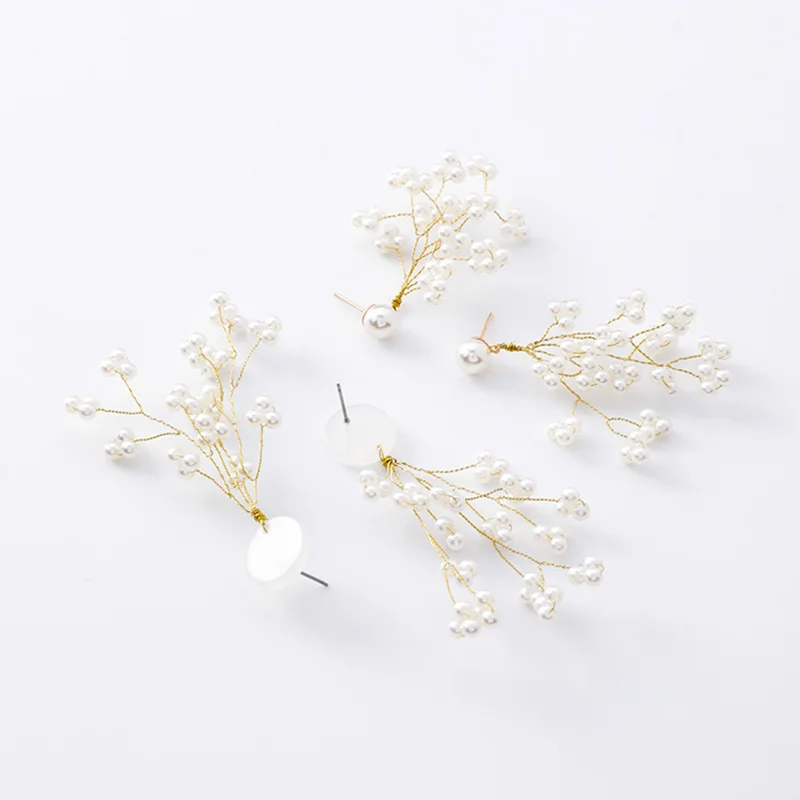 Latest Design Minimalism Gold Color Long Branches Pearls Drop Earrings For Women Ladies Chic Blossom Pearl Flower Dangle Earring