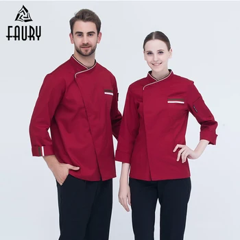 

New Arrival Chef Uniform Long-sleeved Oblique Collar Patchwork Kitchen Bakery Restaurant Cook Clothes Chef Jackets High Quality