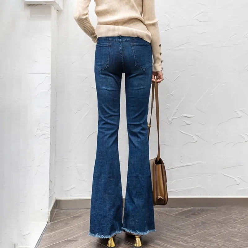 Tallas Moda Dividido De Otoño Flare Mujeres Nuevo Denim Cintura Twotwinstyle Mujer 2018 Pantalones Alta Borla Grandes Blue Jeans WOqHXP