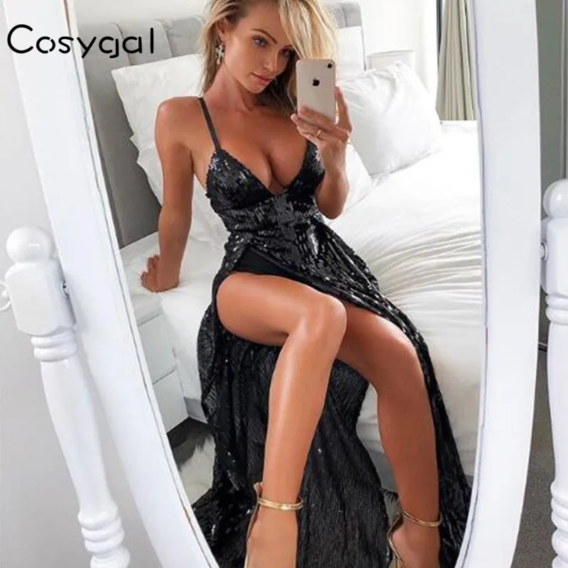

COSYGAL High Split Summer Sexy Dress Women Sequin Elegant Prom Party Dresses Spaghetti Strap Maxi Long Dress Female Vestidos