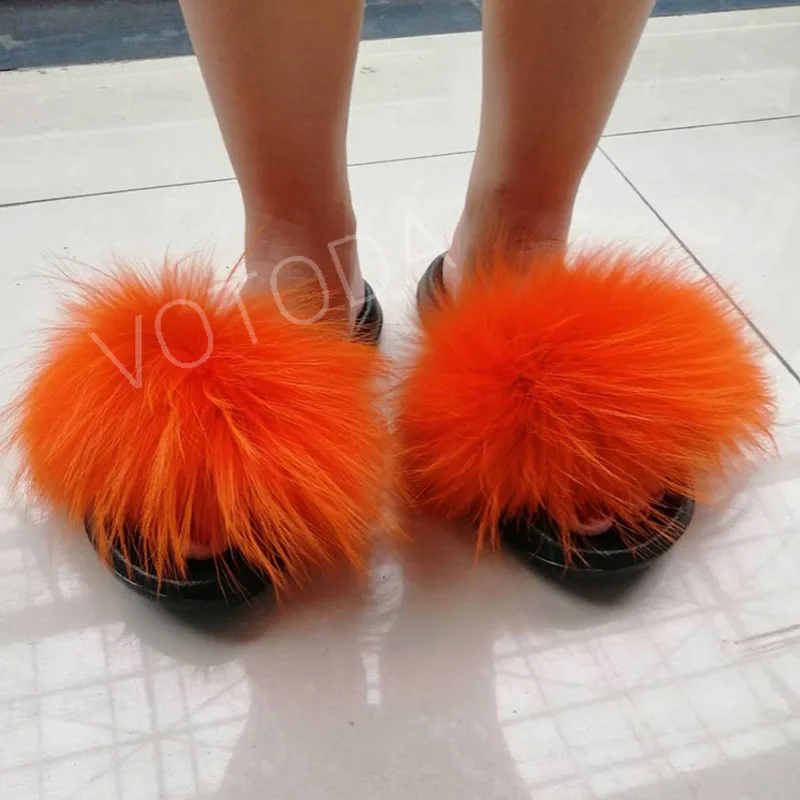 

2019 Women's Fluffy Real Fur Slides Fashion Travel Push Fox Fur Flat Slippers Plush Beach Flip Flops Ladies Casual Indoor Shoes