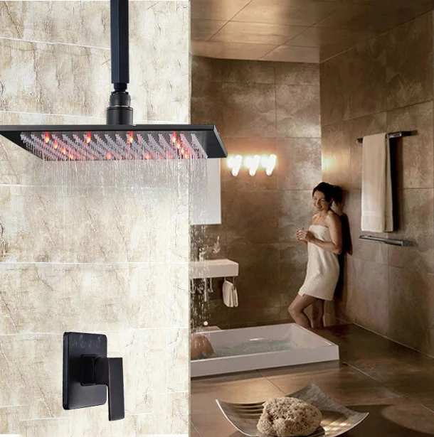 

12" LED Light Bathroom Shower Faucet Ceiling Mount Rainfall Shower Mixer Set Taps Oil Rubbed Bronze