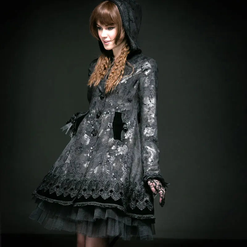 

PUNK RAVE lolita butterfly flocking rose button long coat with hat LY-046