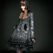 PUNK RAVE lolita butterfly flocking rose button long coat with hat LY-046