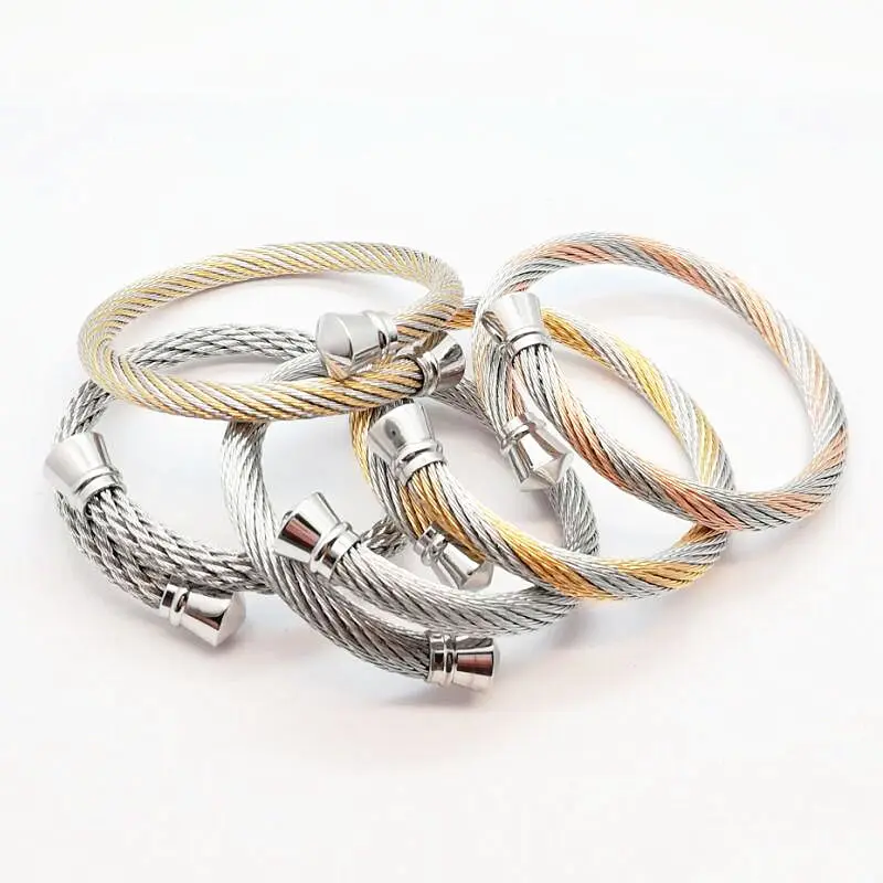 

361L Stainless Steel Cable Bracelet Men Women Gold Color Wide Cuff Cable Wire Male Chain Bracelets Bangles 2017 Fashion Bijoux