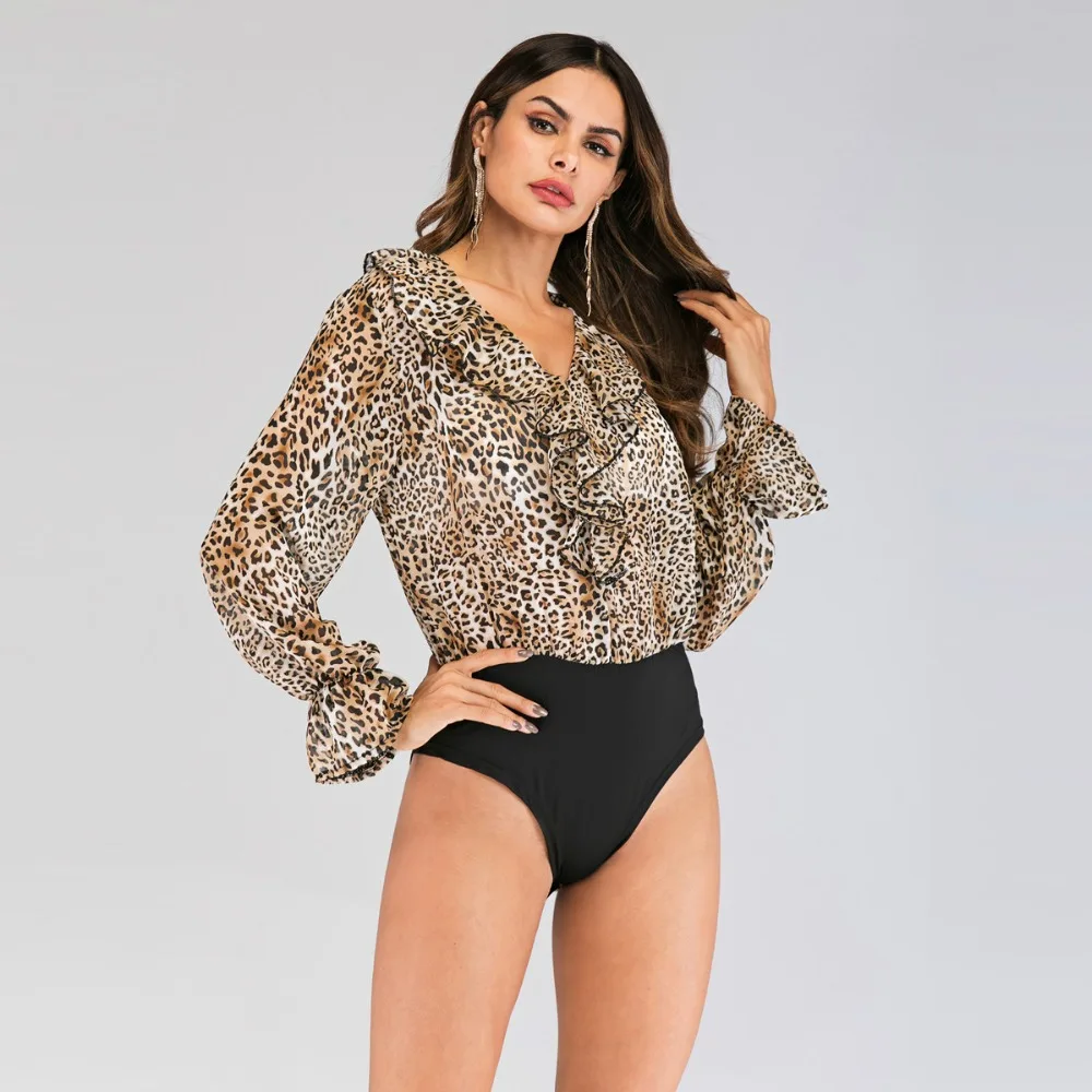 

2019 Spring Summer Hot Fashion Women Bodysuit Long Sleeve Ruffles Leopard Print Patchwork Bodysuits Tops Soft Chiffon Bodsuit