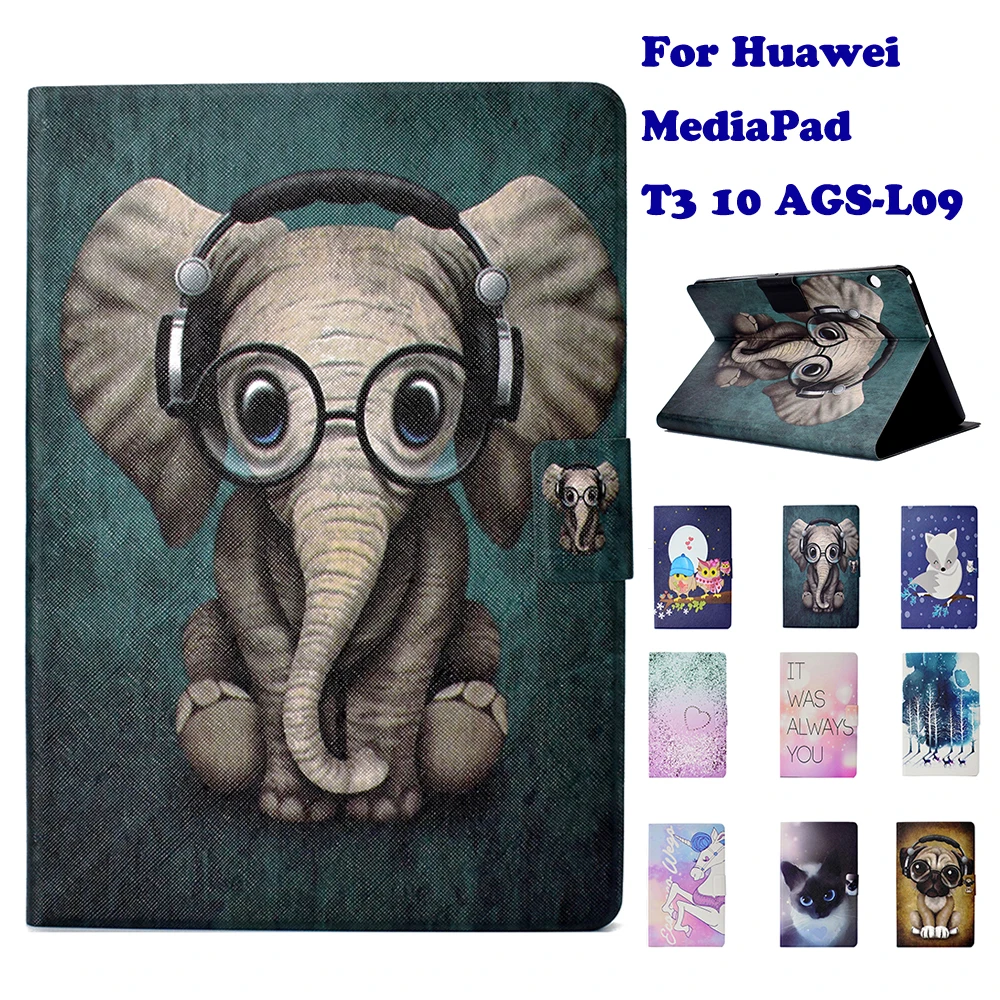 

Fashion Stand Flip PU Leather Case For Huawei MediaPad T3 10 AGS-L09 9.6" Tablet Case Cover Fundas Coque Dog Panda Elephant